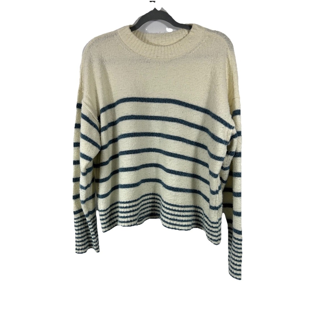 American Eagle Striped Fuzzy‎ Sweater Womens M Blue Cream Soft Crewneck Slouchy
